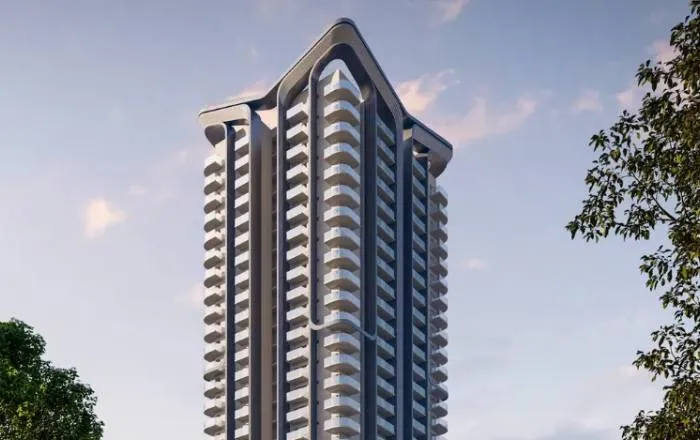 Close-up daytime render of a single Smartworld New Launch in Sector 67 residential tower highlighting its arched rooftop crown, continuous curved balcony bands, and glass railings against a clear sky with framing trees.